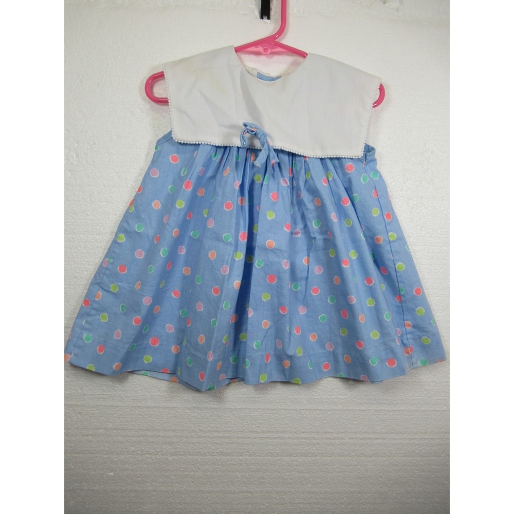 Vintage 90s Alexis Polka Dot Dress Girl 2T Blue Sleeveless Collar HEMMED